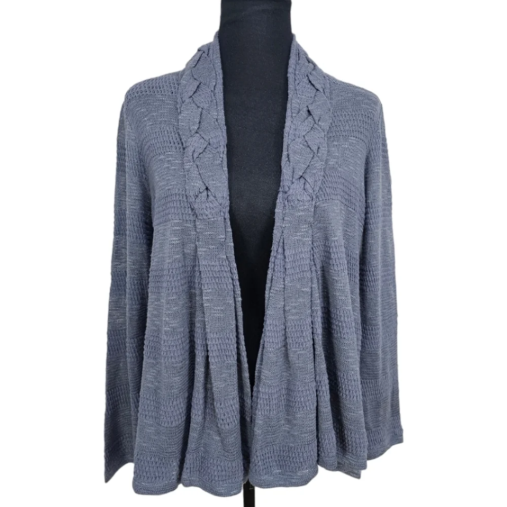 Anthropologie One September Blue Boho Braided Neck Pointelle Knit Open Cardigan